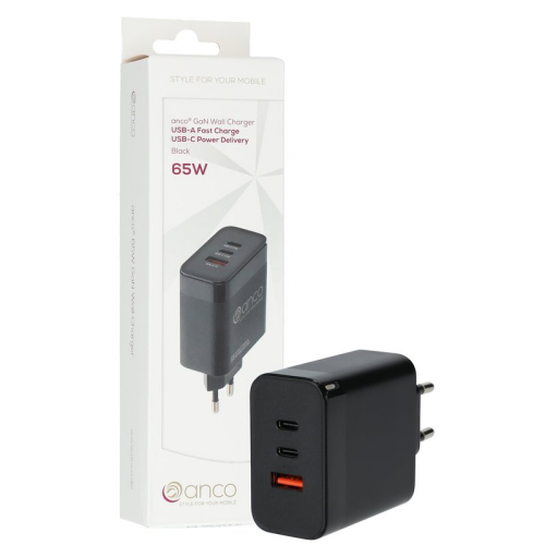 anco GaN Triple Wall Charger 2x USB-C, 1x USB-A 65W - black