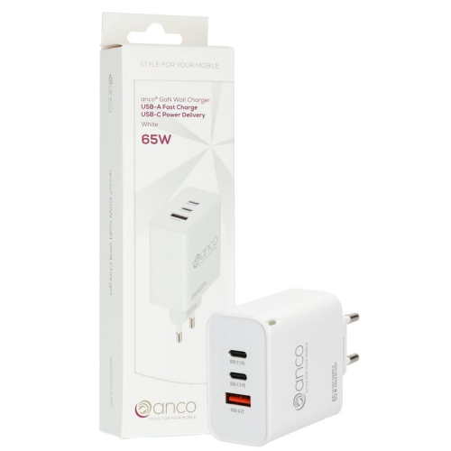 anco GaN Triple Wall Charger 2x USB-C, 1x USB-A 65W - white