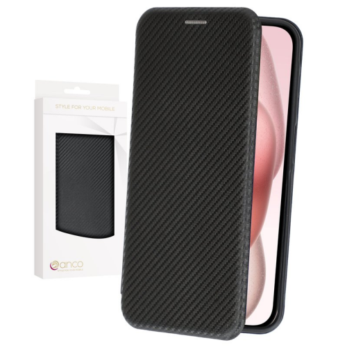 anco Bookcase Carbon Optic für Apple iPhone 15 - black