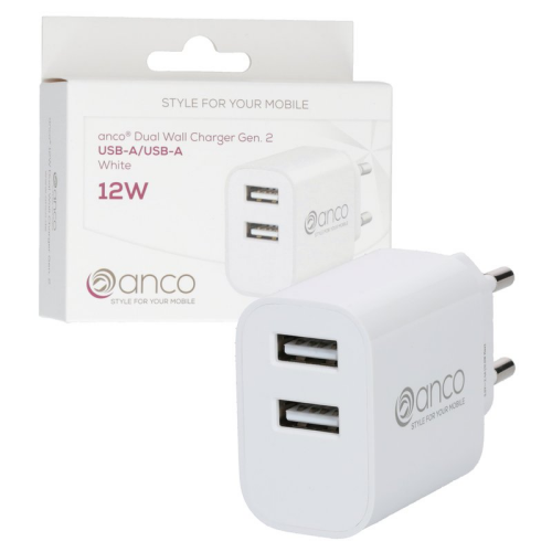 anco Dual USB-A Wall Charger Gen. 2 12W - white
