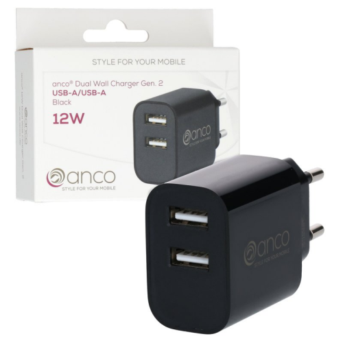 anco Dual USB-A Wall Charger Gen. 2 12W - black