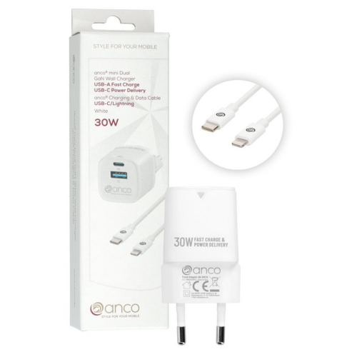 anco mini Ladeset Power Delivery USB-C auf Lightning MFI 2,4A 1m 30W - white