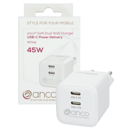 anco Dual Wall Charger USB-C Power Delivery 45W - white