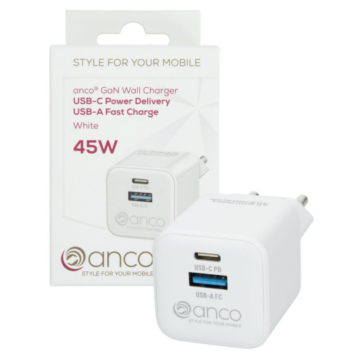 anco Dual Wall Charger USB-A Fast Charge, USB-C Power Delivery 45W - white